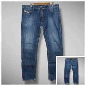 Diesel Jeans Men 38x32 Blue Thavar Slim Skinny Faded Denim Rocker Biker Repaired